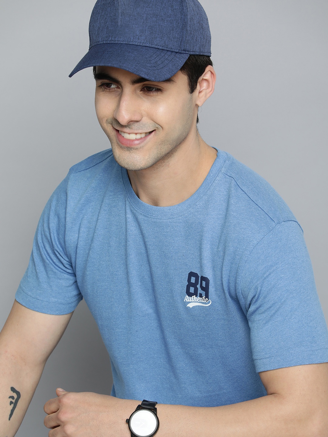 

HERE&NOW Men Blue Pure Cotton T-shirt