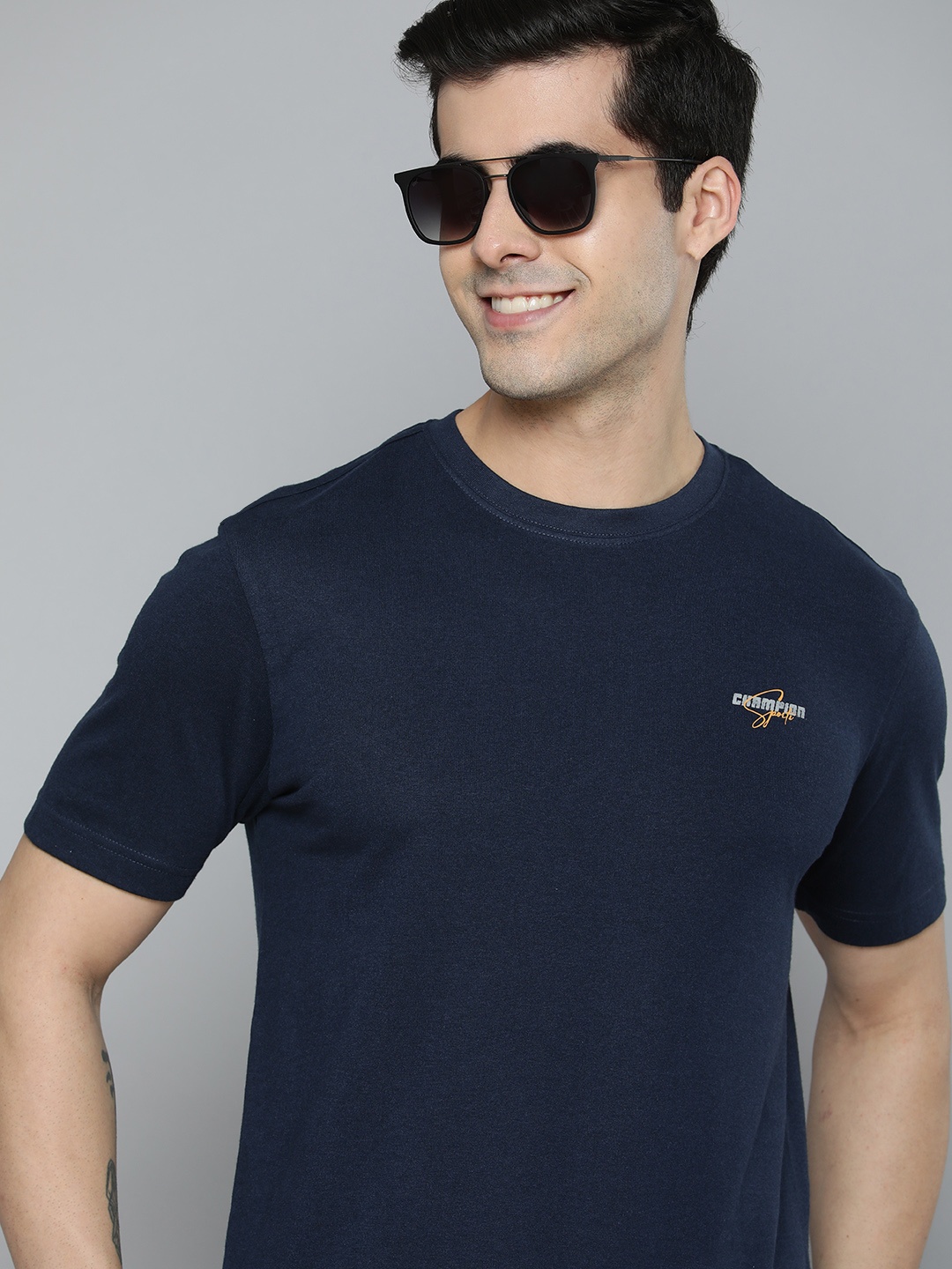 

HERE&NOW Men Navy Blue Pure Cotton T-shirt
