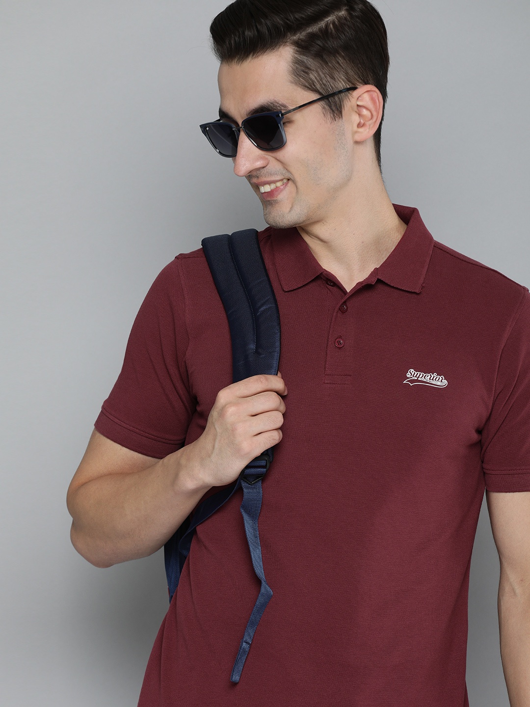 

HERE&NOW Men Burgundy Solid Polo Collar Pure Cotton T-shirt