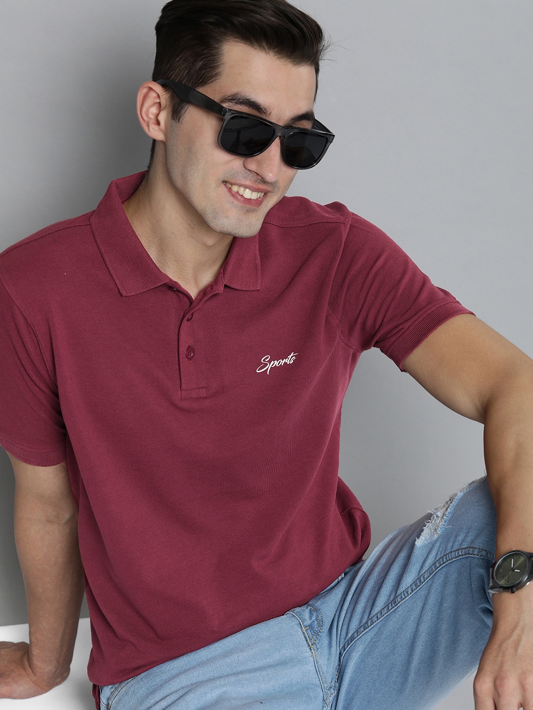 

HERE&NOW Men Burgundy Polo Collar Pure Cotton T-shirt