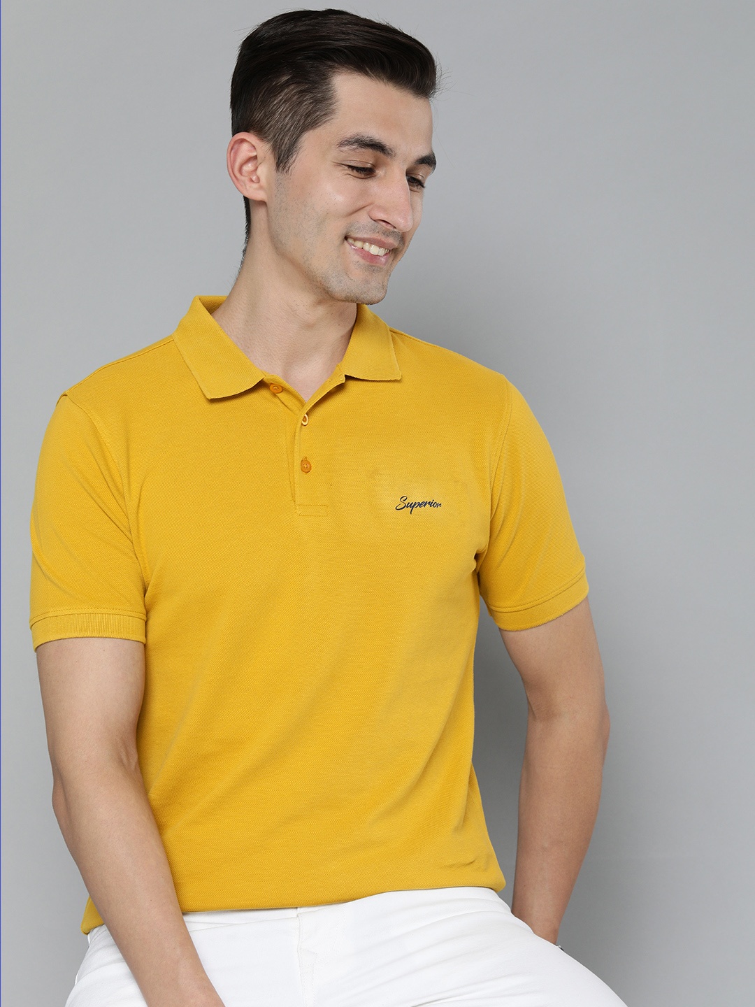 

HERE&NOW Men Yellow Solid Polo Collar Pure Cotton T-shirt