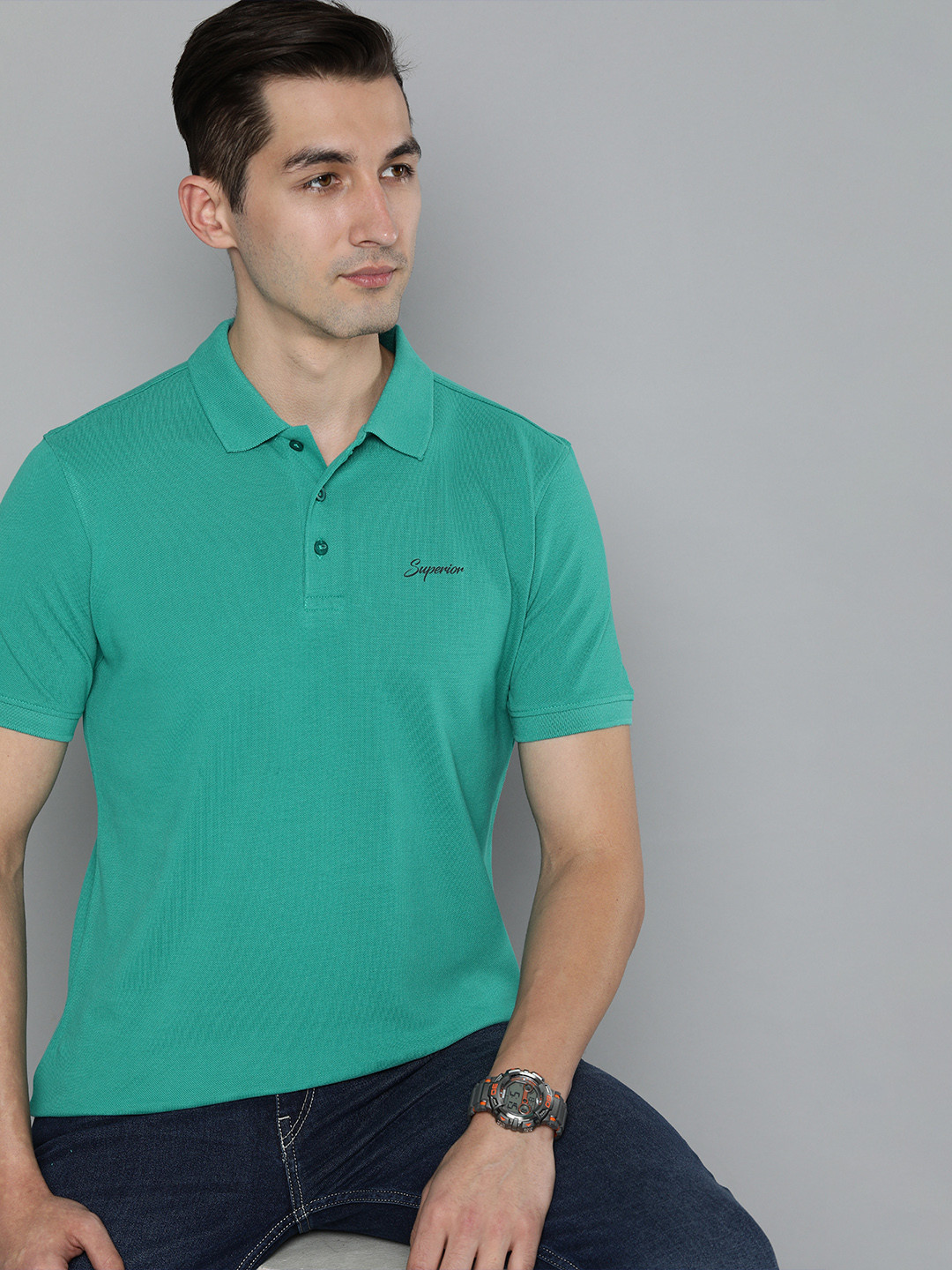 

HERE&NOW Men Green Solid Polo Collar Pure Cotton T-shirt