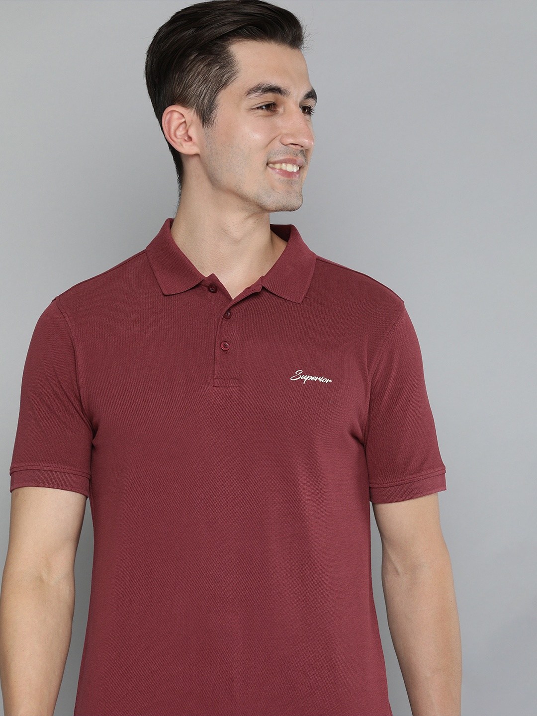 

HERE&NOW Men Burgundy Solid Polo Collar Pure Cotton T-shirt