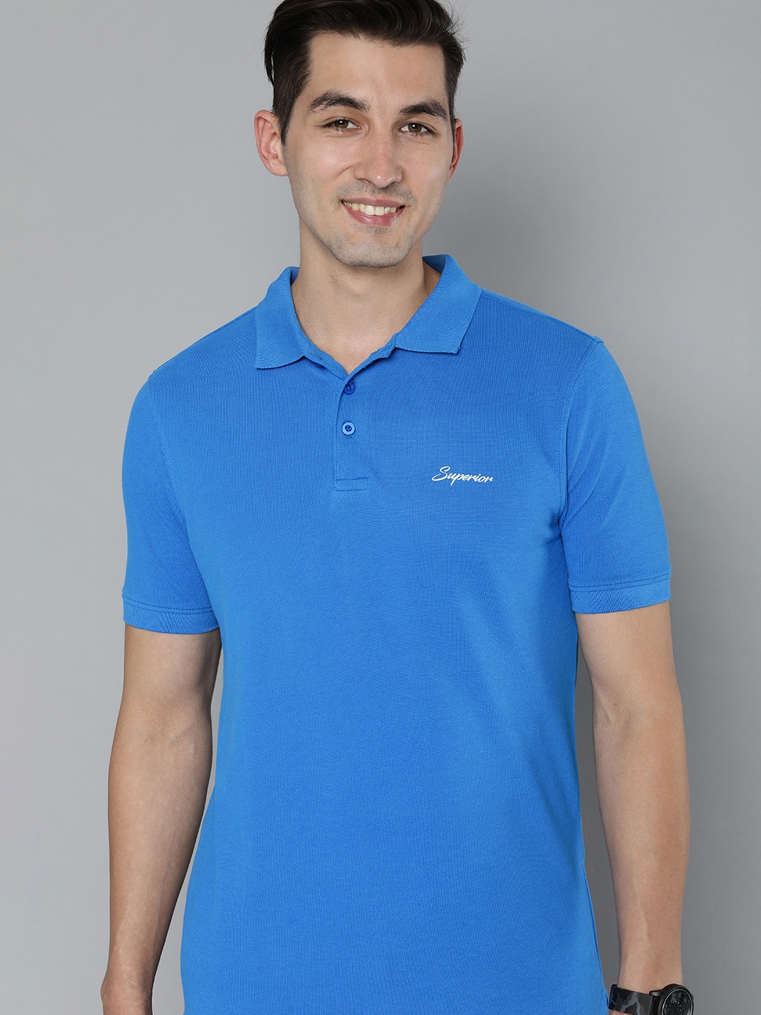 

HERE&NOW Men Blue Solid Polo Collar Pure Cotton T-shirt