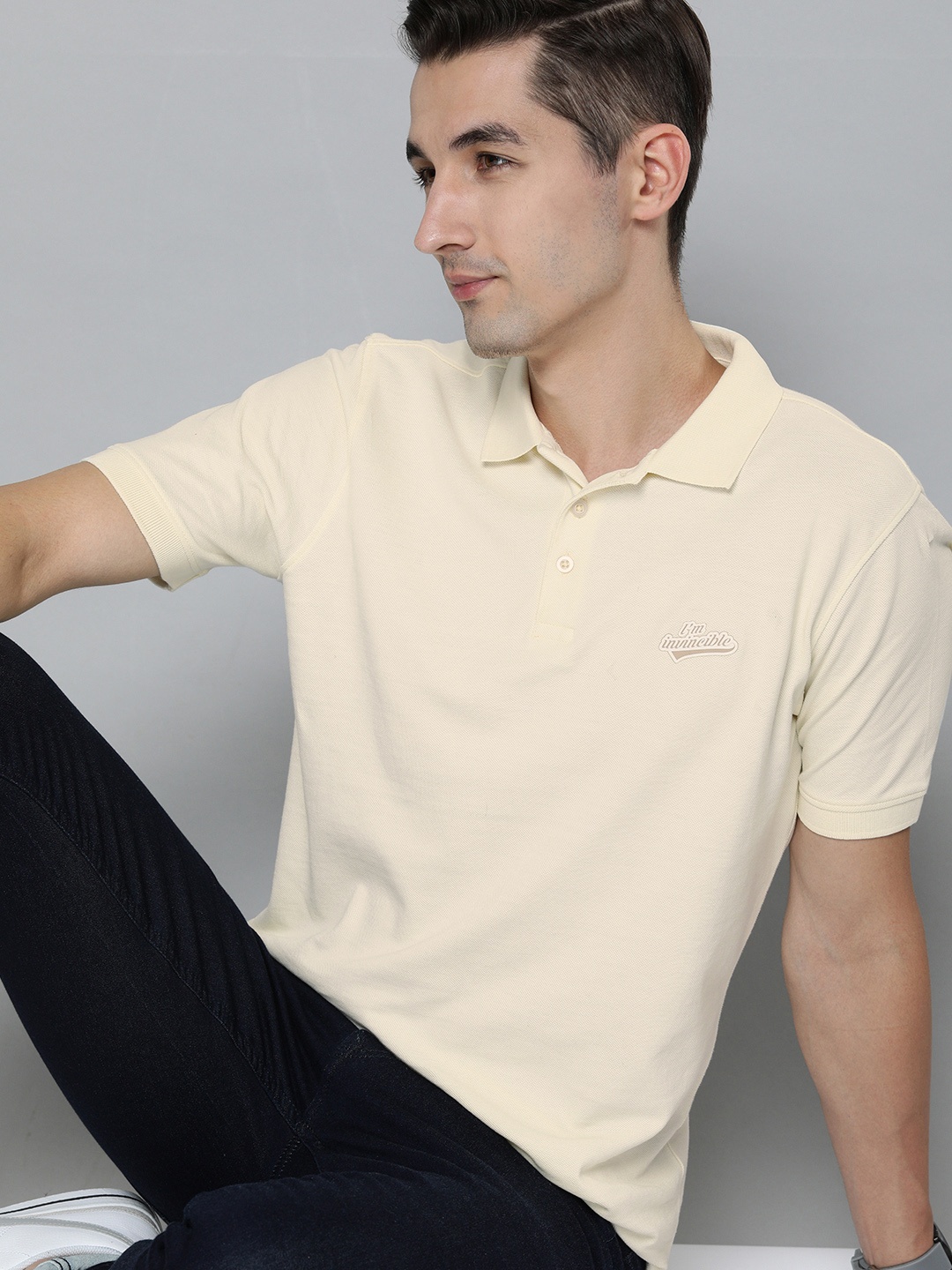 

HERE&NOW Men Cream-Coloured Polo Collar Pure Cotton T-shirt