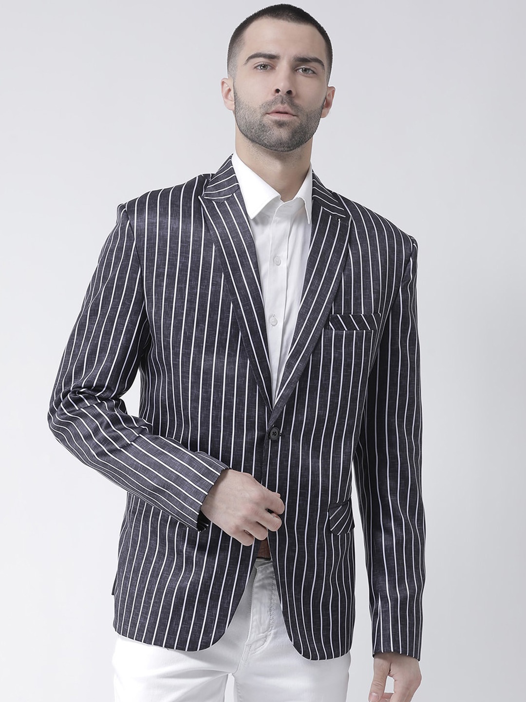 

Hangup Men Grey & White Striped Single-Breasted Blazer