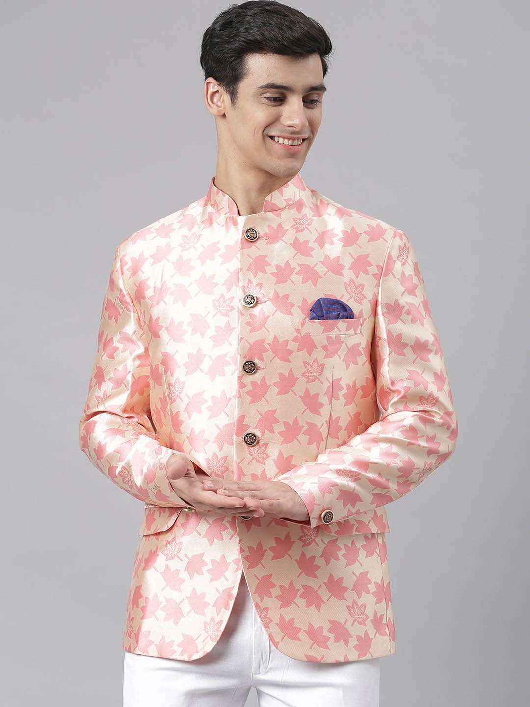 

Hangup Men Pink Printed Single Breasted Ethnic Blazer