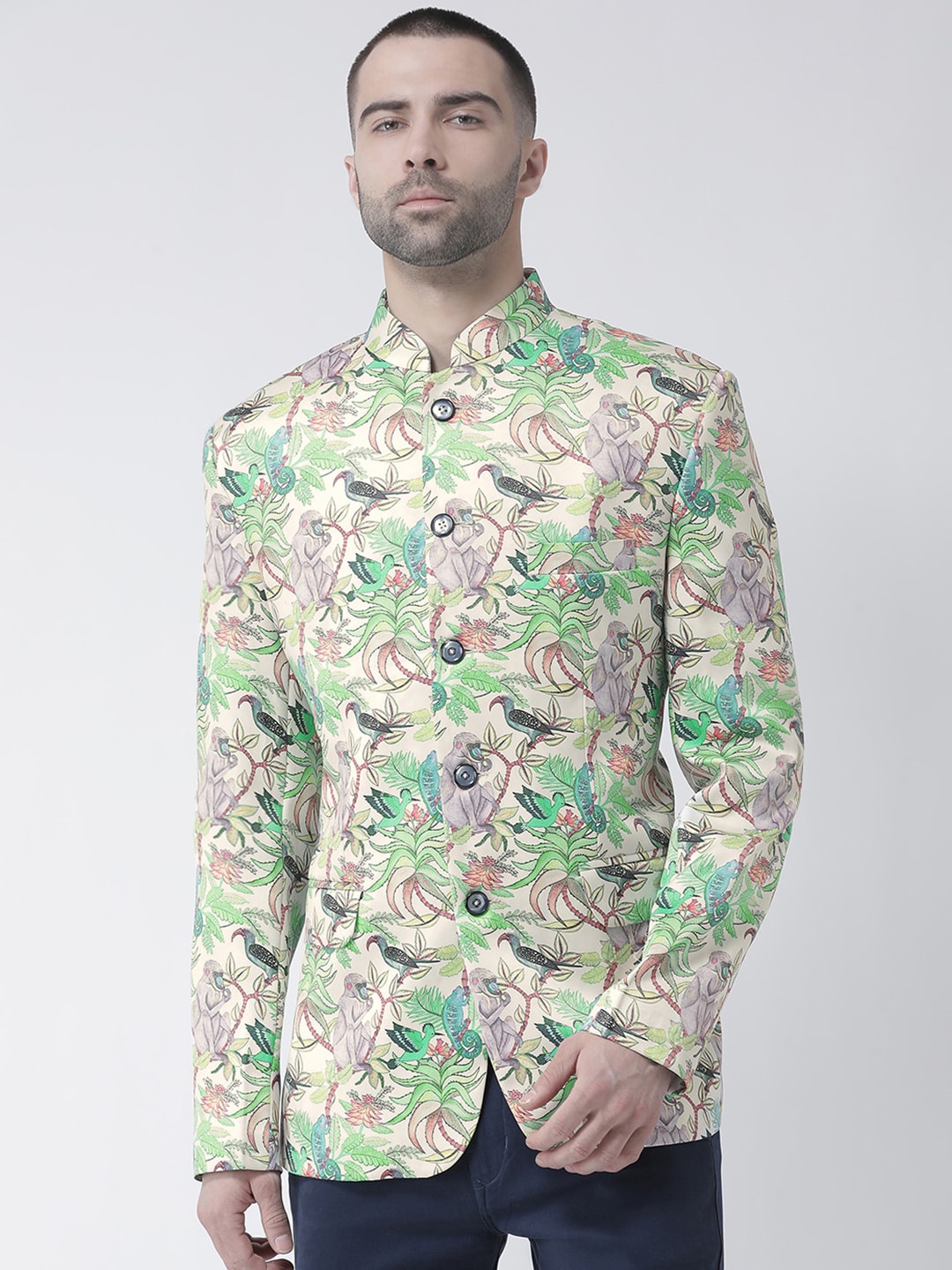 

Hangup Men Cream Colored & Green Printed Single-Breasted Casual Blazers