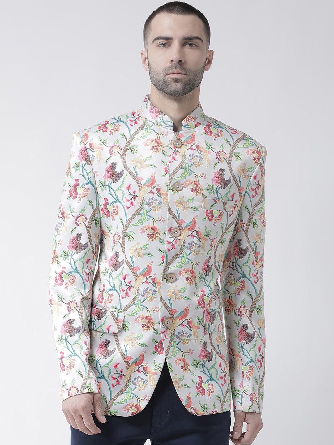 

Hangup Men Green & Pink Printed Bandhgala Blazers