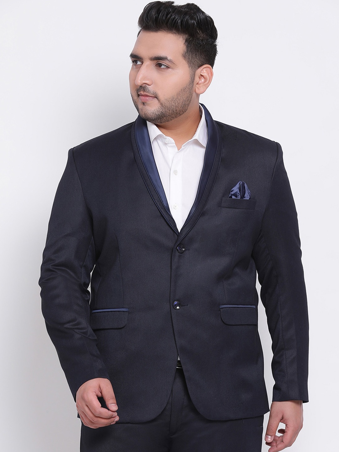 

HANGUP Men Plus Size Navy Blue Solid Polyester Viscose Regular Fit Casual Blazer