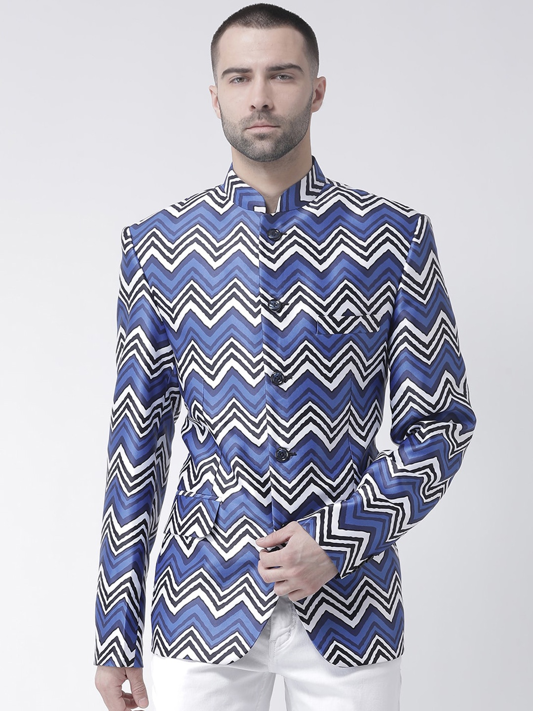 

Hangup Men Blue Printed Bandhgala Blazers