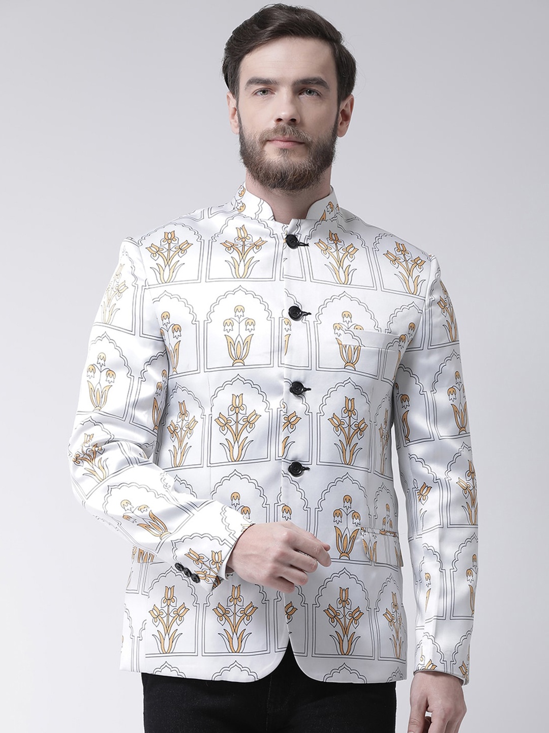 

Hangup Men White & Yellow Printed Bandhgala Blazers