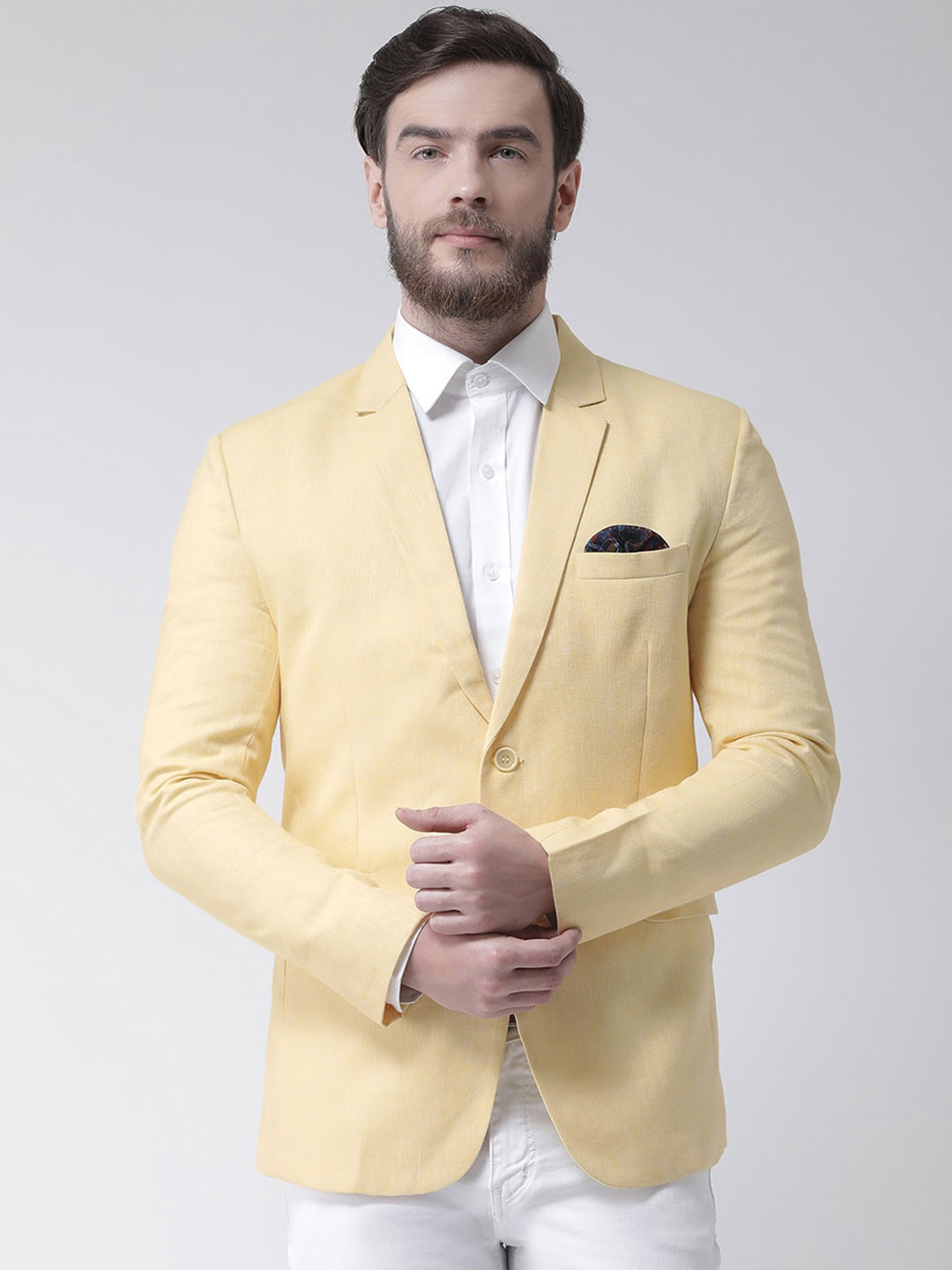 

Hangup Men Yellow Solid Single Breasted Linen Formal Blazer