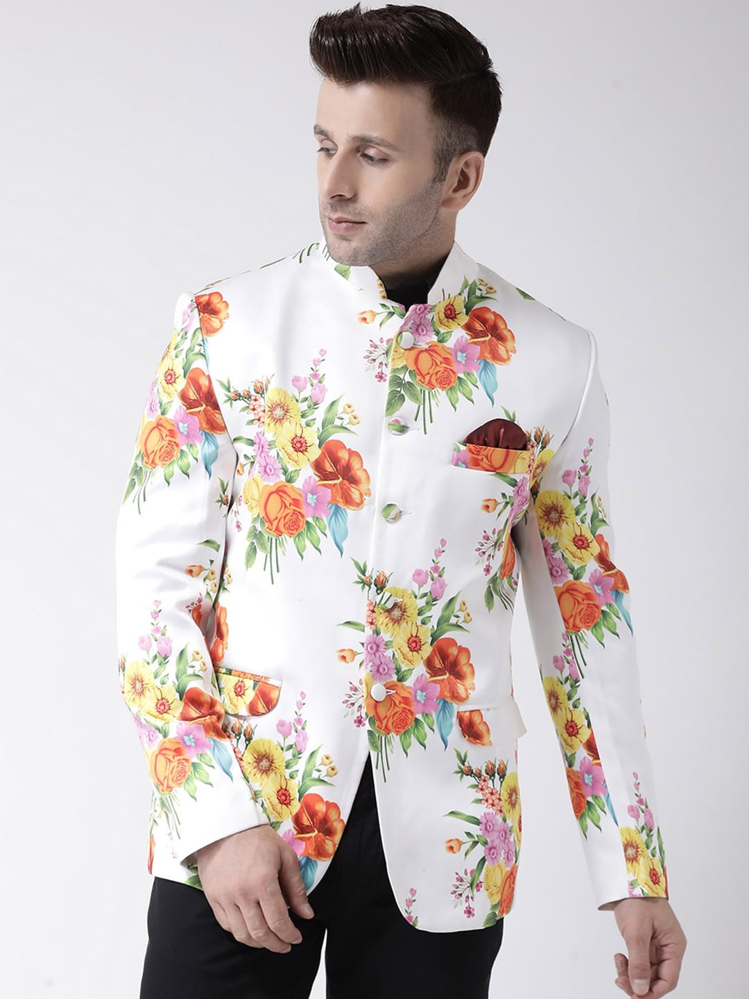 

Hangup Men White Printed Bandhgala Blazer