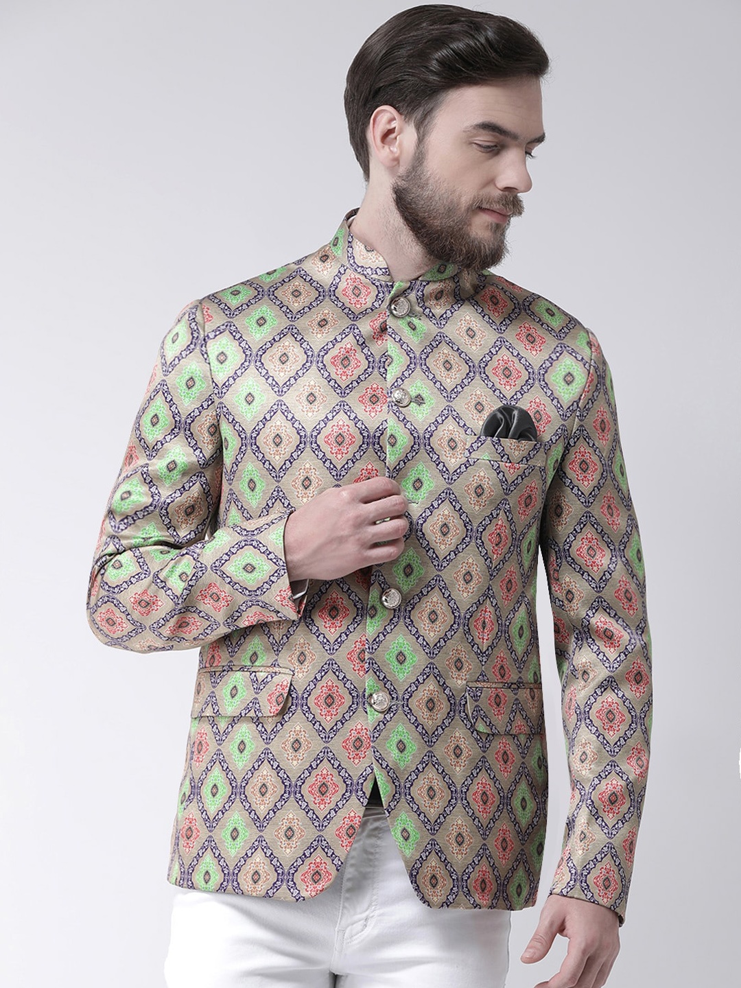 

Hangup Men Gold-Toned & Green Printed Bandhgala Blazers