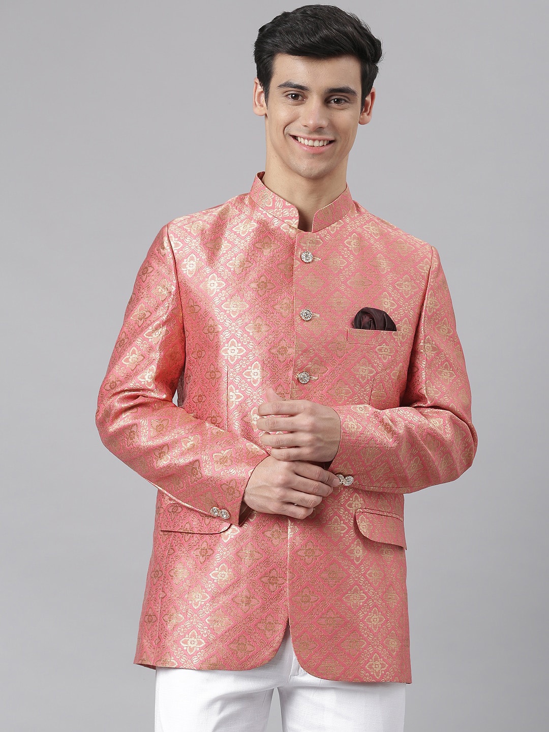 

Hangup Men Pink Self Design Single-Breasted Blazers