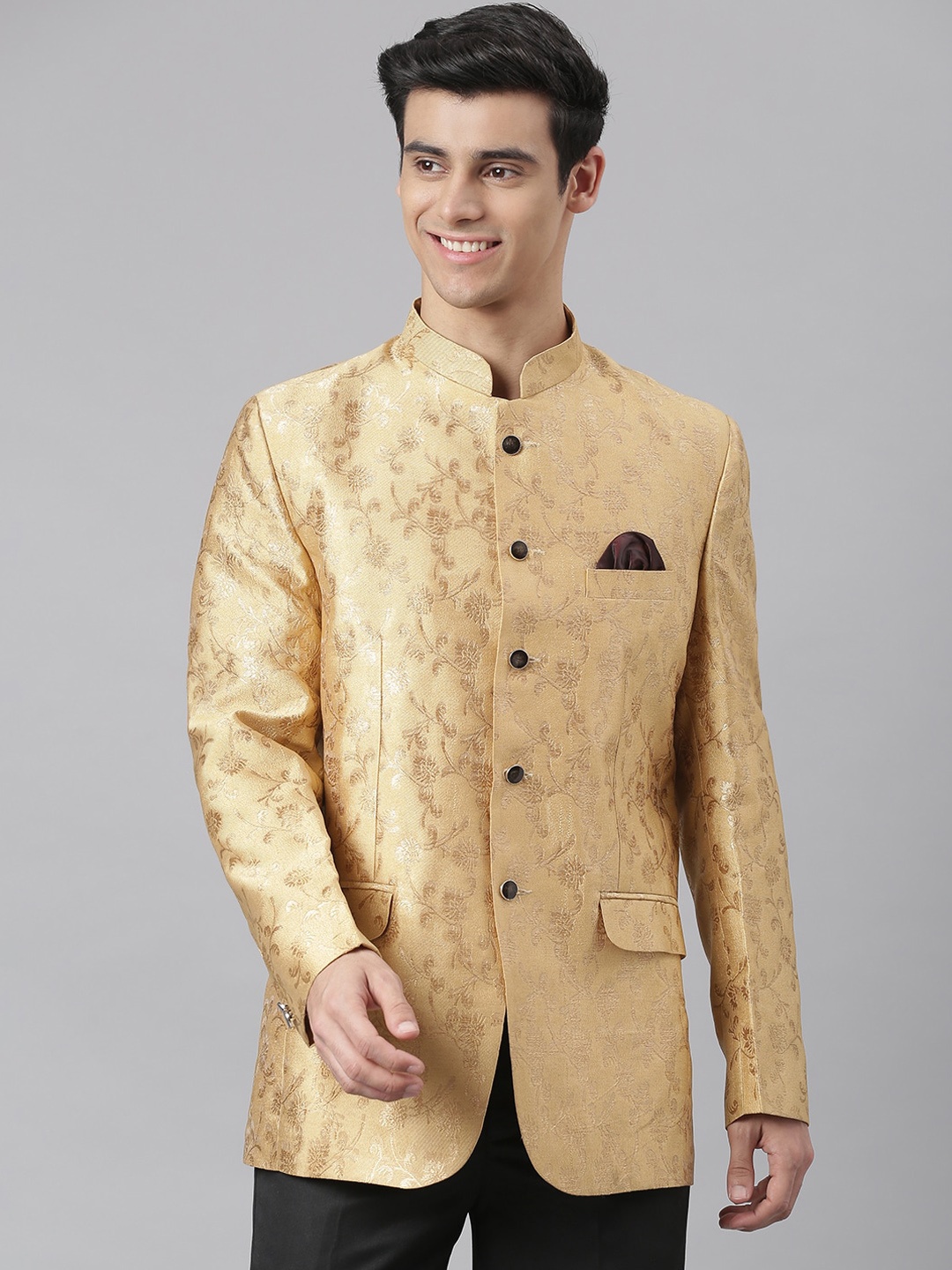 

Hangup Men Brown Self Design Bandhgala Blazer