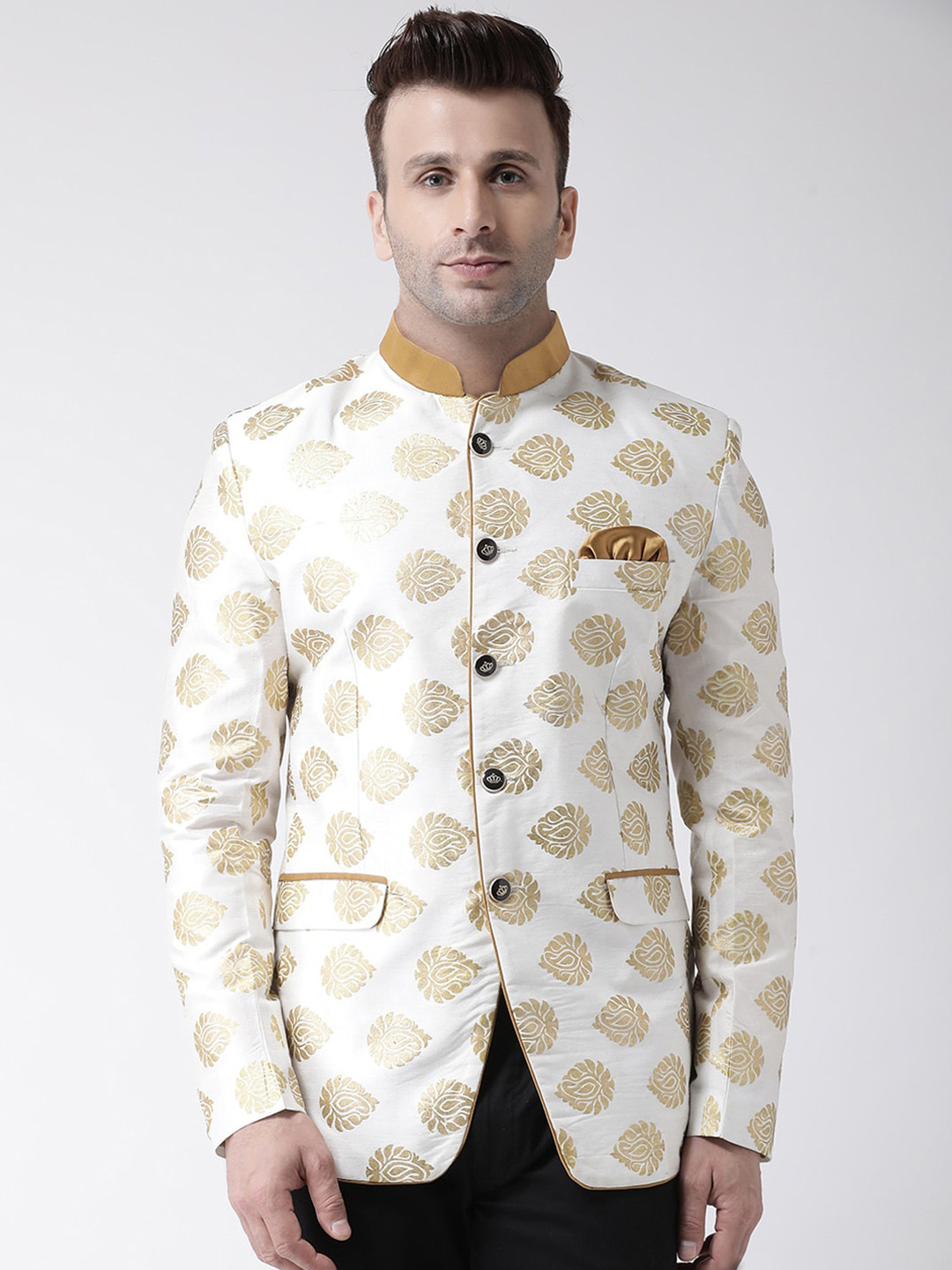 

Hangup Men White Printed Single Breasted Ethnic Blazer