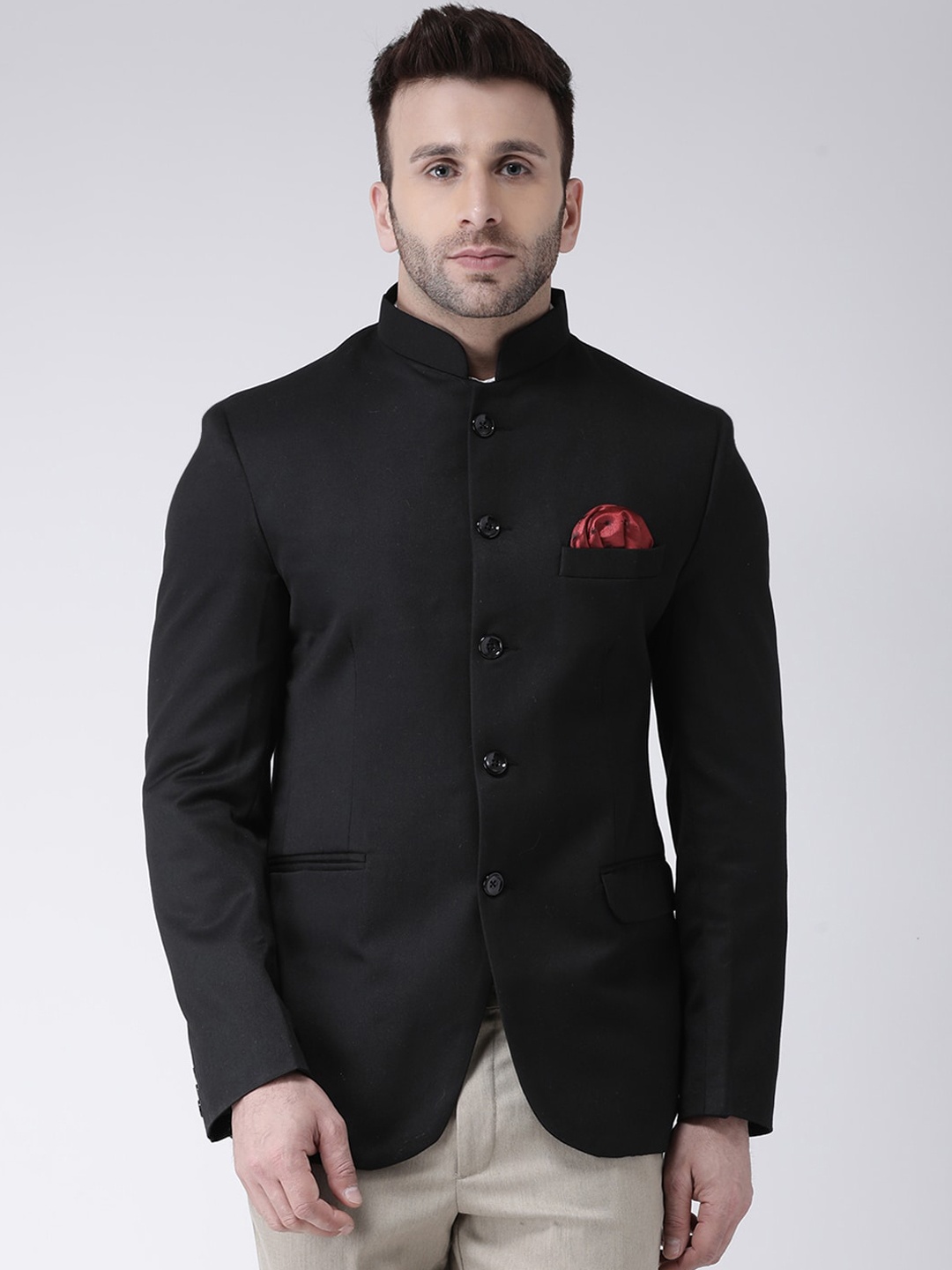 

Hangup Men Black Solid Formal Polyester Viscose Blend Bandhgala Blazer