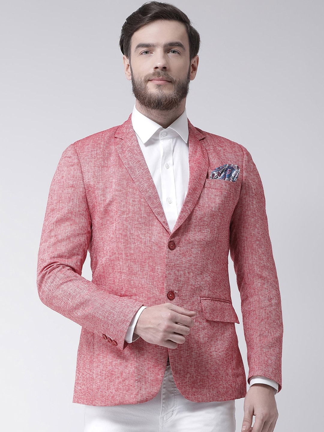 

Hangup Men Red Solid Single Breasted Linen Blazers