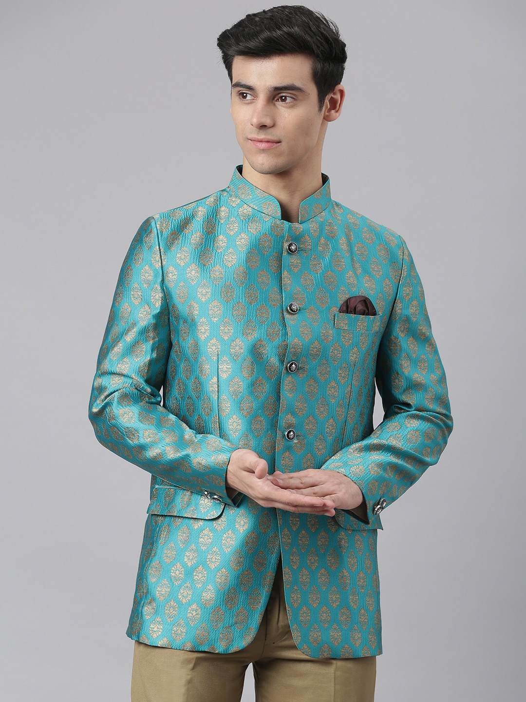 

Hangup Men Sea Green Self Design Bandhgala Blazer