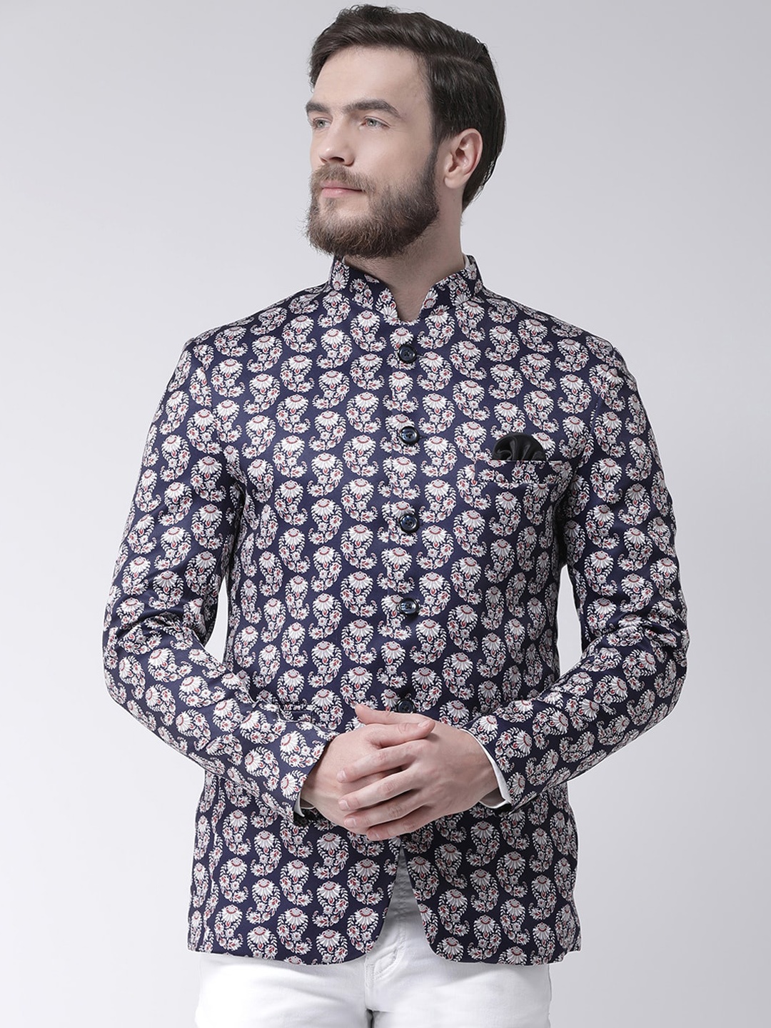 

Hangup Men Blue Printed Single Breasted Ethnic Blazer