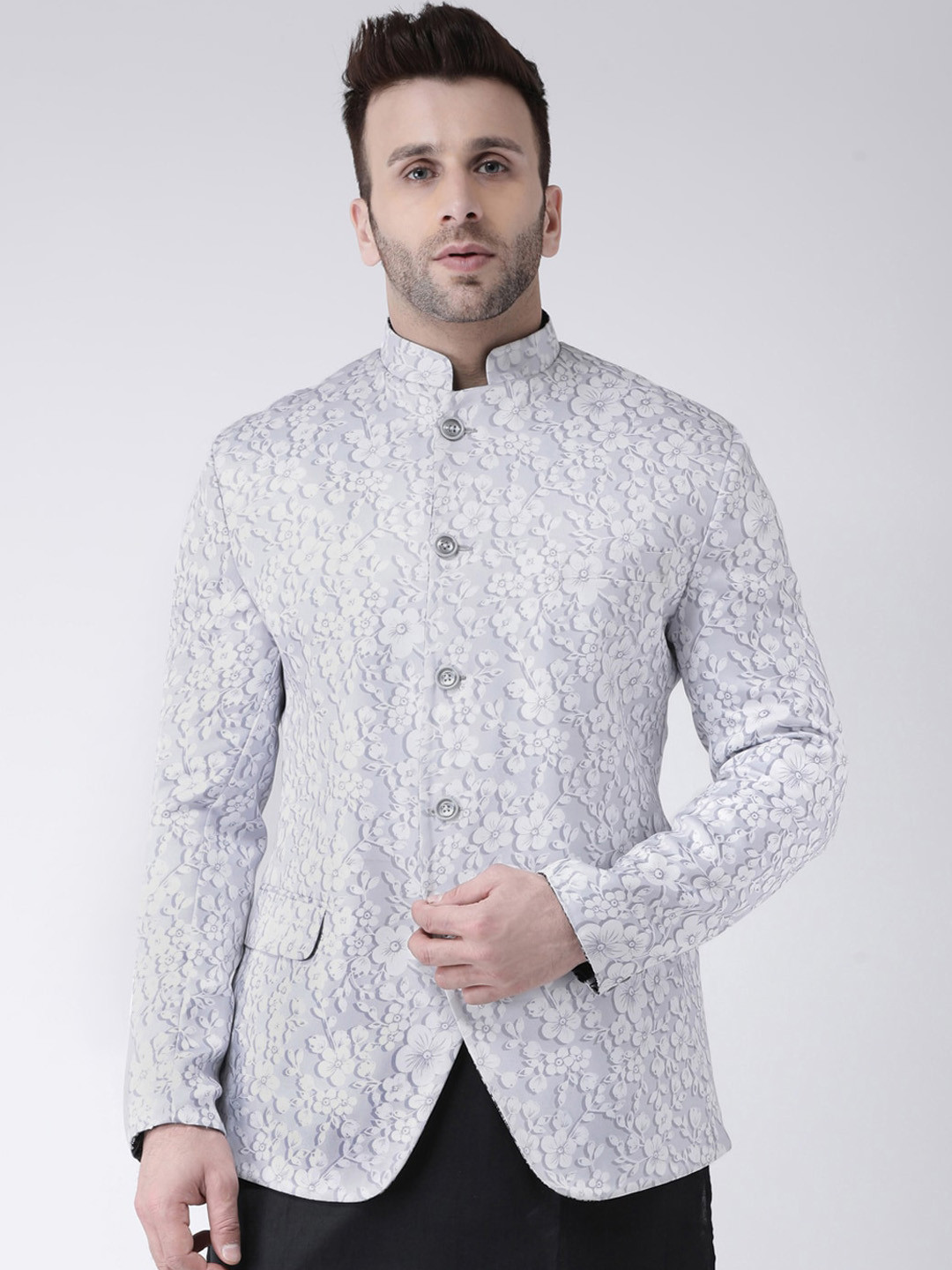 

Hangup Men White Printed Bandhgala Blazers