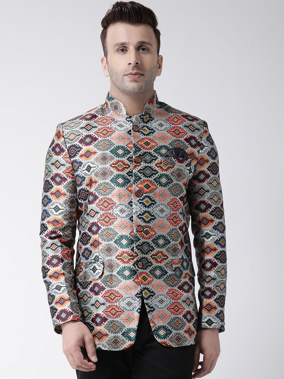 

Hangup Men Grey Printed Single Breasted Ethnic Blazer