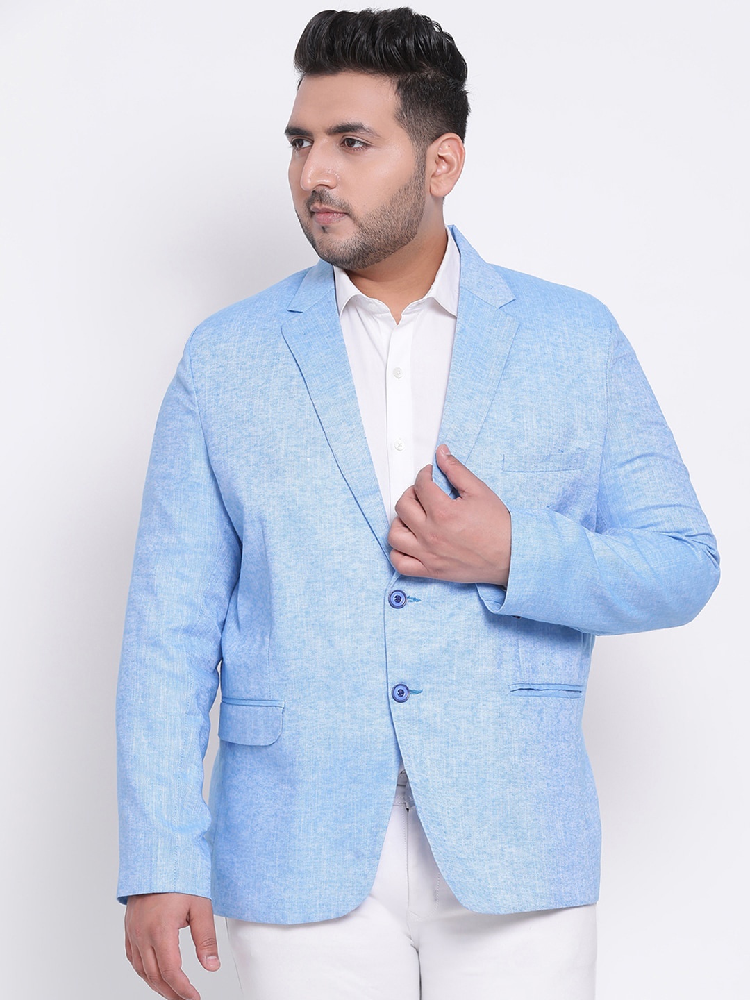 

Hangup Men Blue Plus size Solid Single-Breasted Cotton Linen Regular Fit Formal Blazers