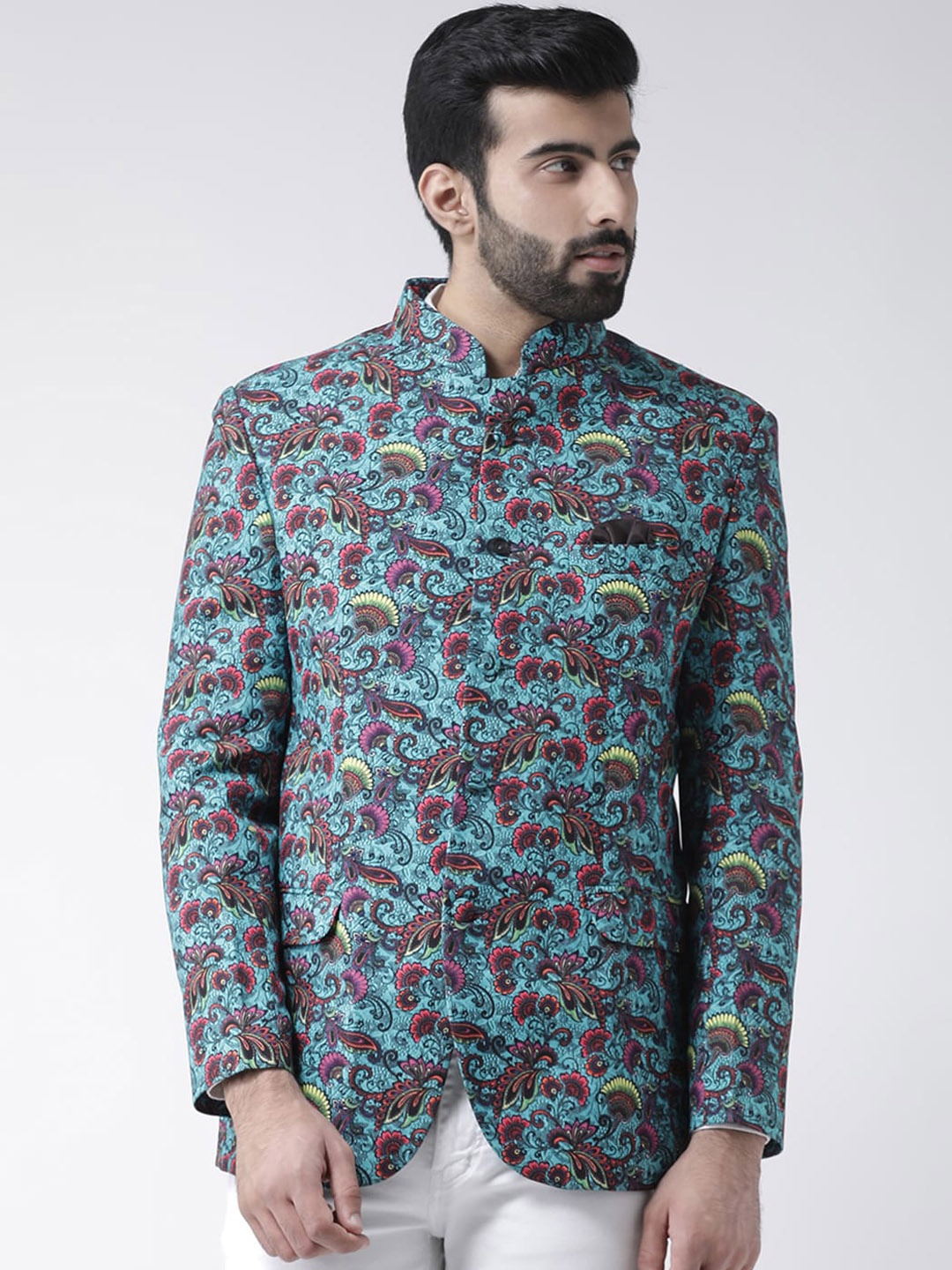 

Hangup Men Blue Printed Bandhgala Blazers