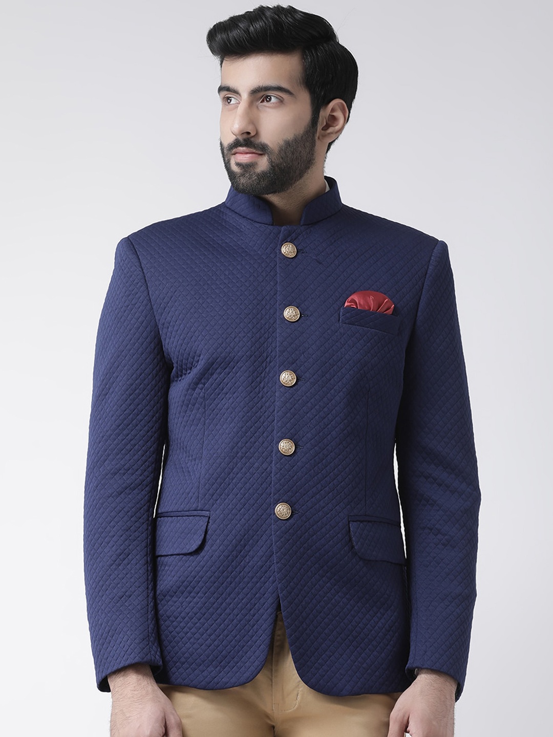 

Hangup Men Navy Blue Self-Design Bandhgala Blazer
