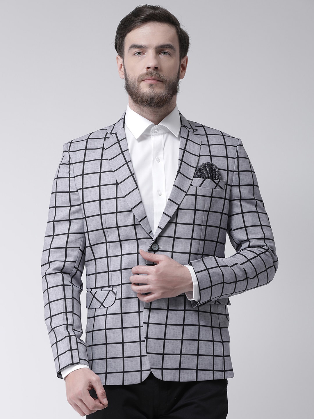 

Hangup Men Grey Checked Solid Single-Breasted Formal Blazers