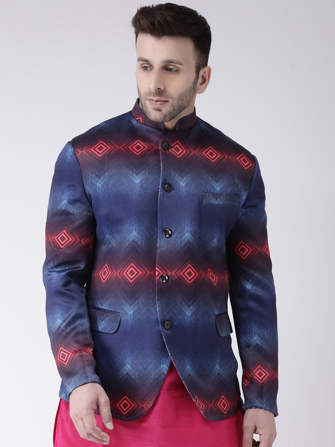 

Hangup Men Blue & Pink Printed Single Breasted Blazers