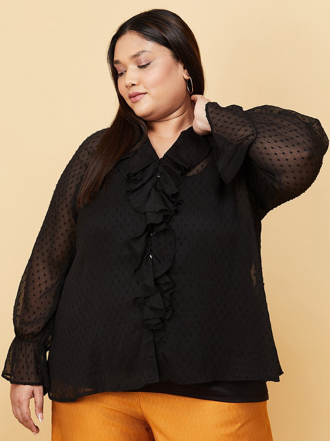 

max Women Plus size Black Geometric Bishop Sleeves Ruffles Top