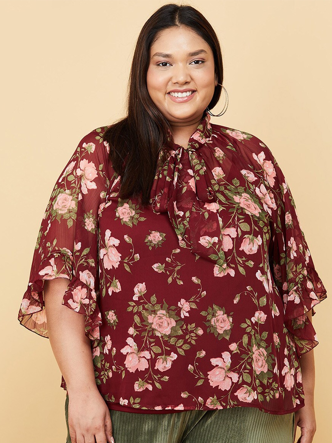 

max Maroon Floral Print Tie-Up Neck Top