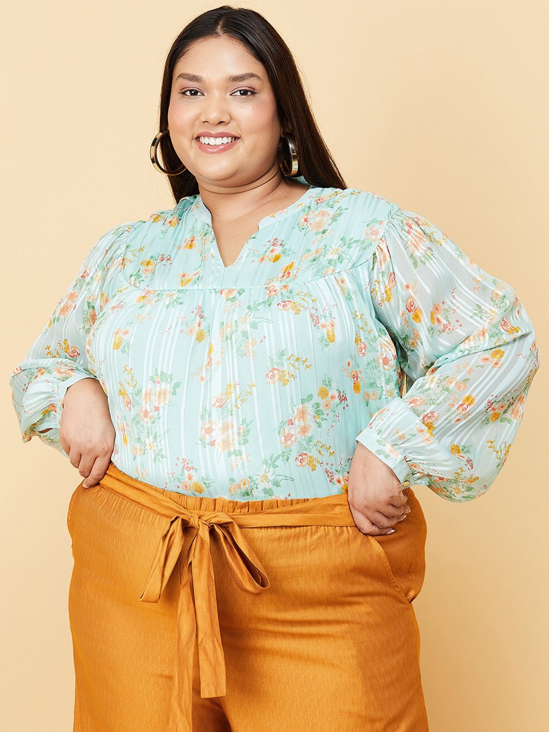 

max Women Plus size Green & Orange Floral Print Mandarin Collar Top