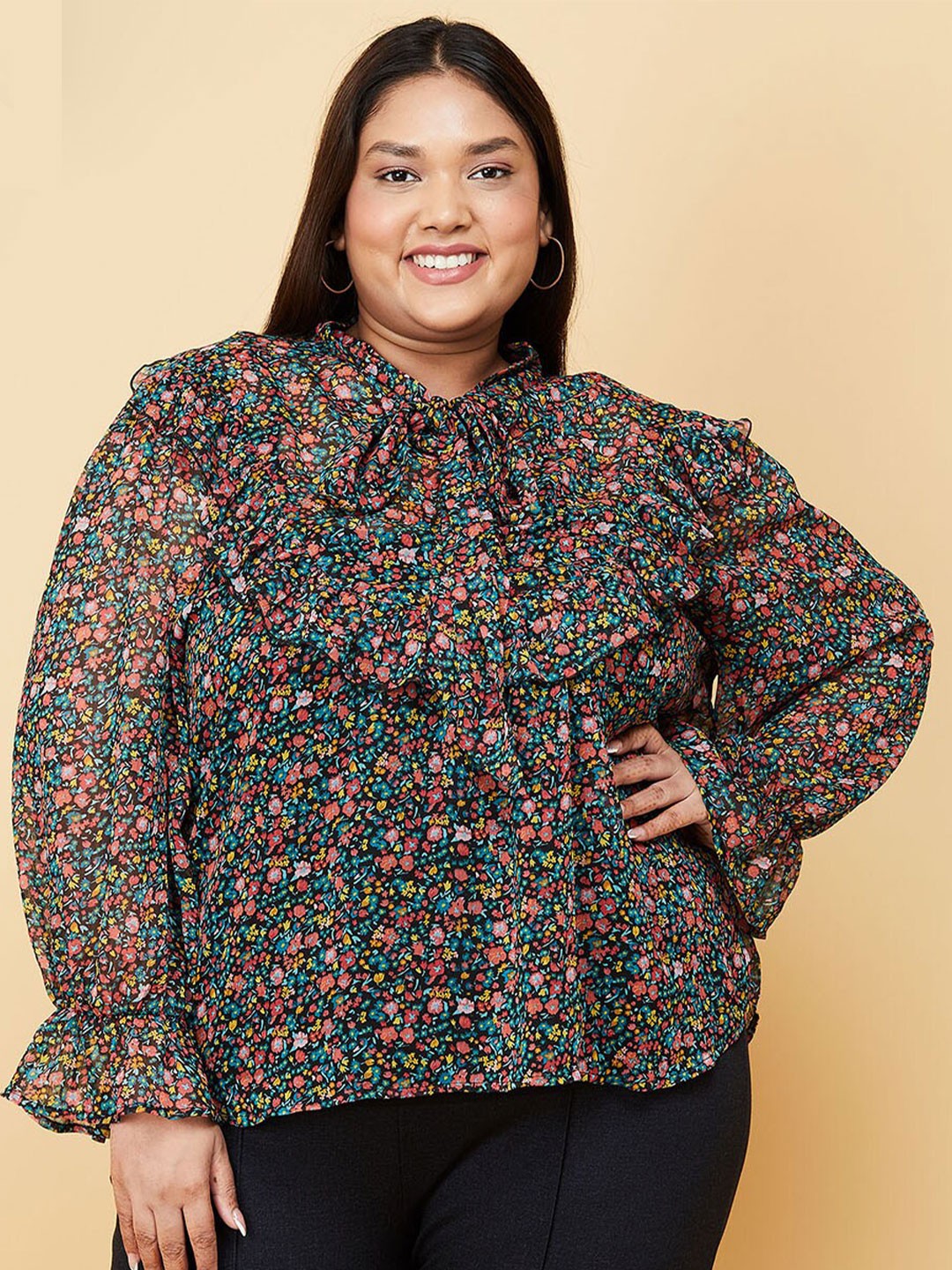 

max Black Floral Print Tie-Up Neck Ruffles Top