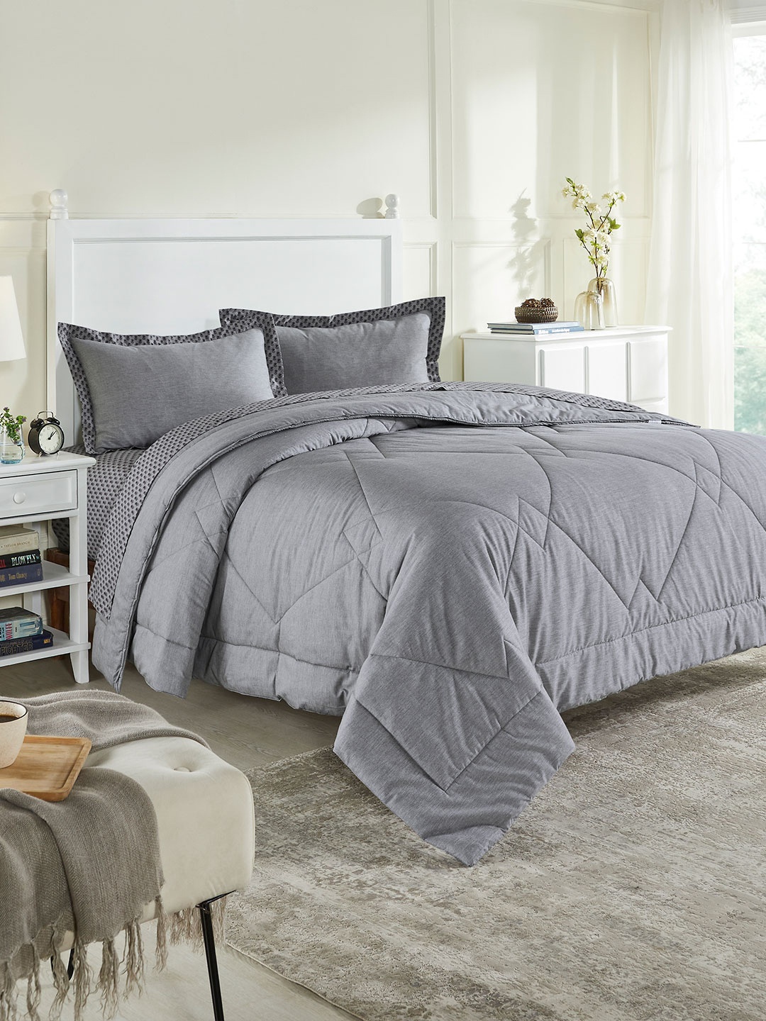 

Trident Grey AC Room 150 GSM Double King Bedding Set