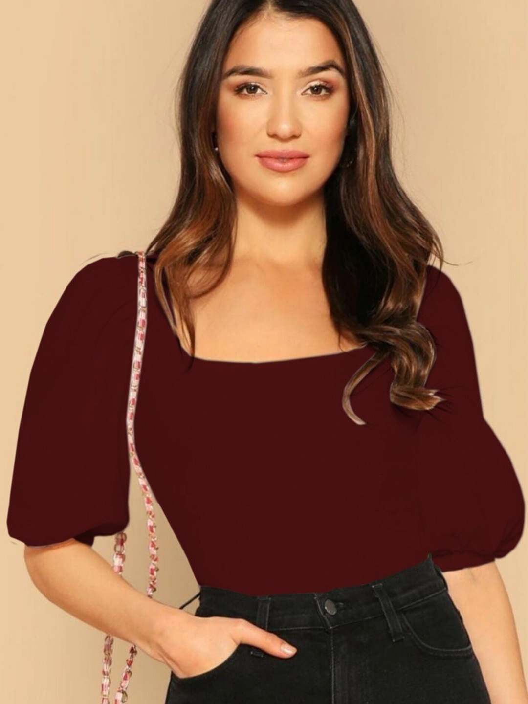 

Dream Beauty Fashion Maroon Puff Sleeves Top