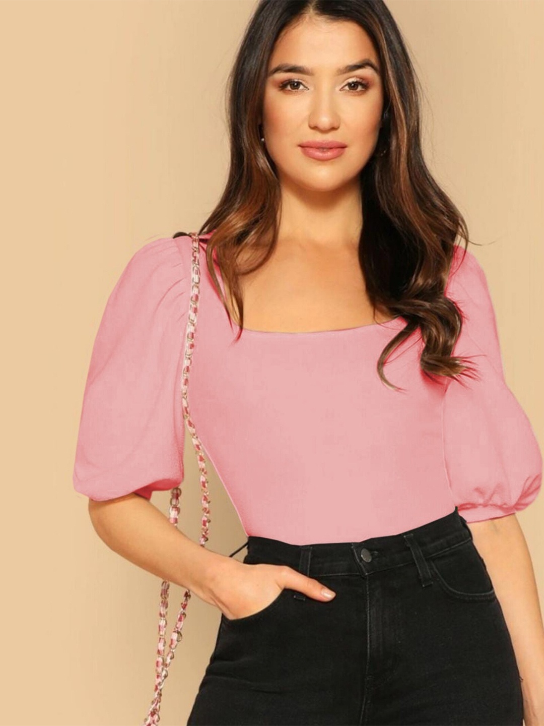 

Dream Beauty Fashion Women Peach-Coloured Solid Puff Sleeves Regular Top