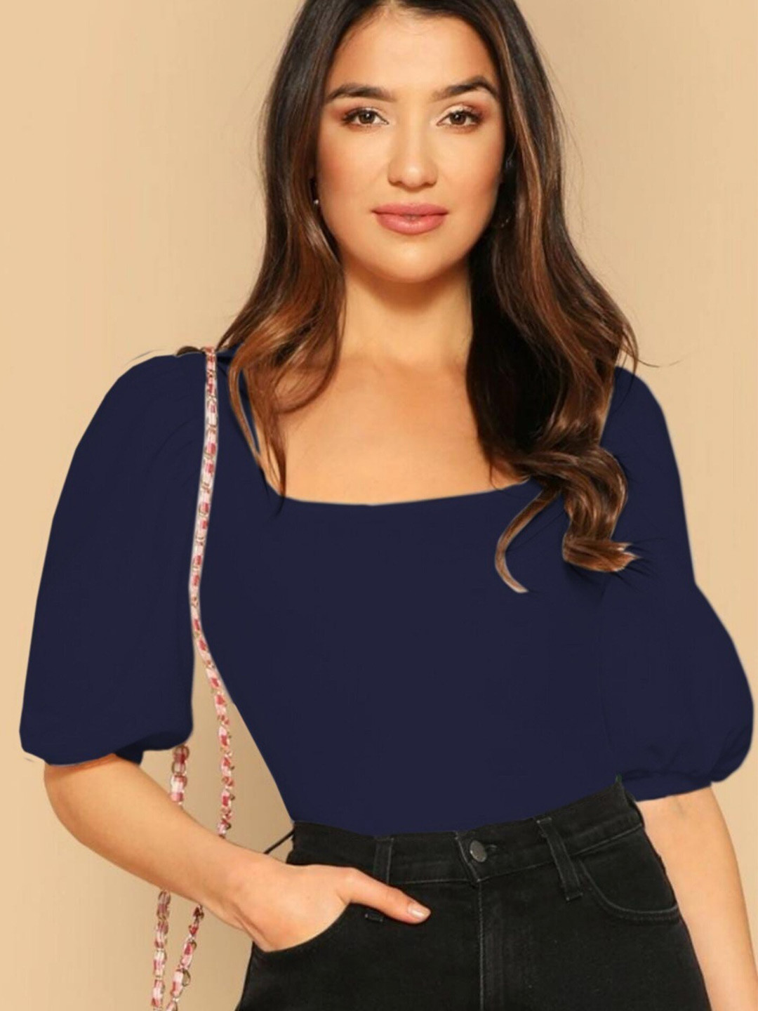 

Dream Beauty Fashion Women Navy Blue Puff Sleeves Regular Top