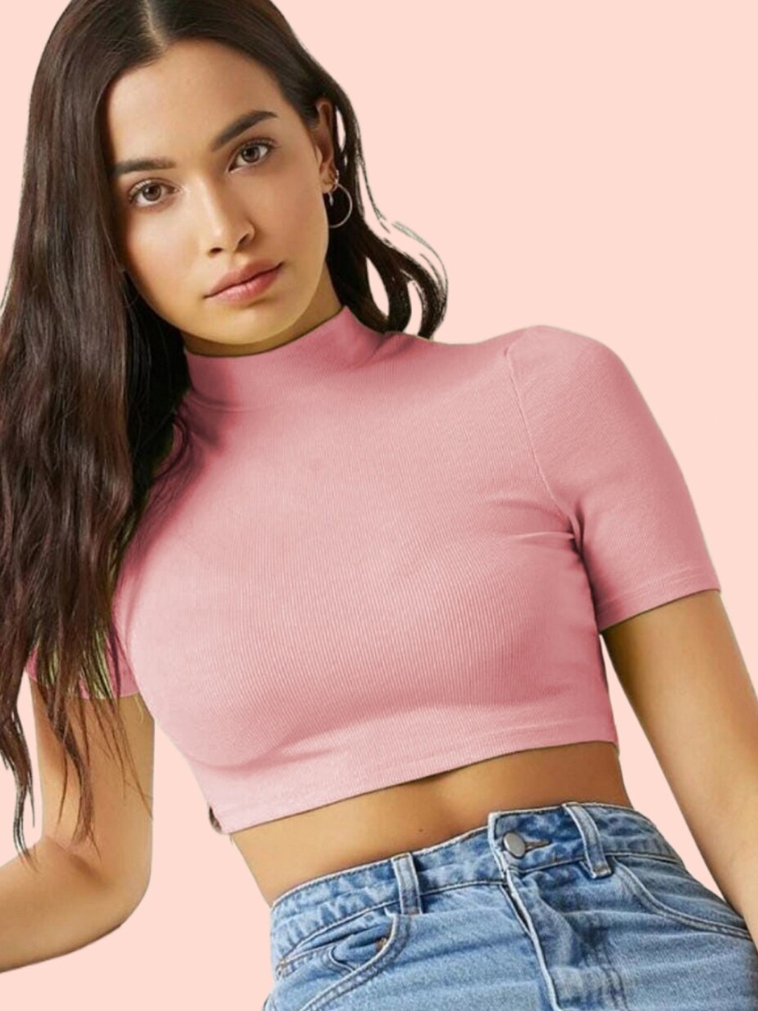 

Dream Beauty Fashion Women Peach-Coloured High Neck Fitted Crop Top