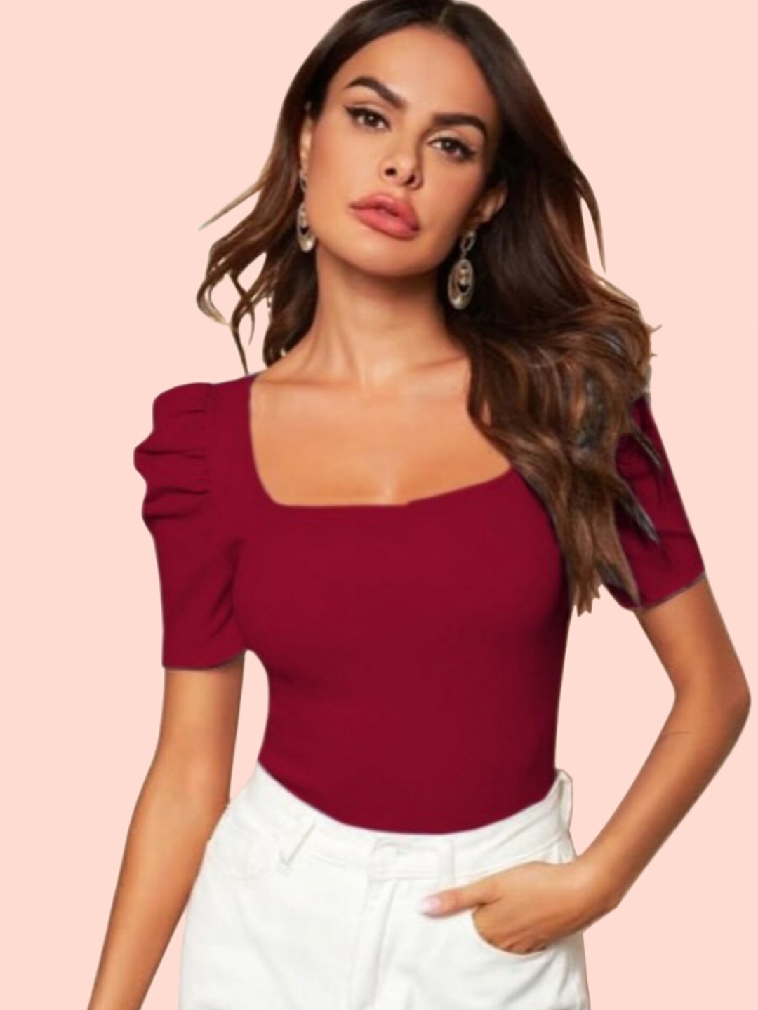 

Dream Beauty Fashion Women Puff Sleeves Fitted Top, Maroon