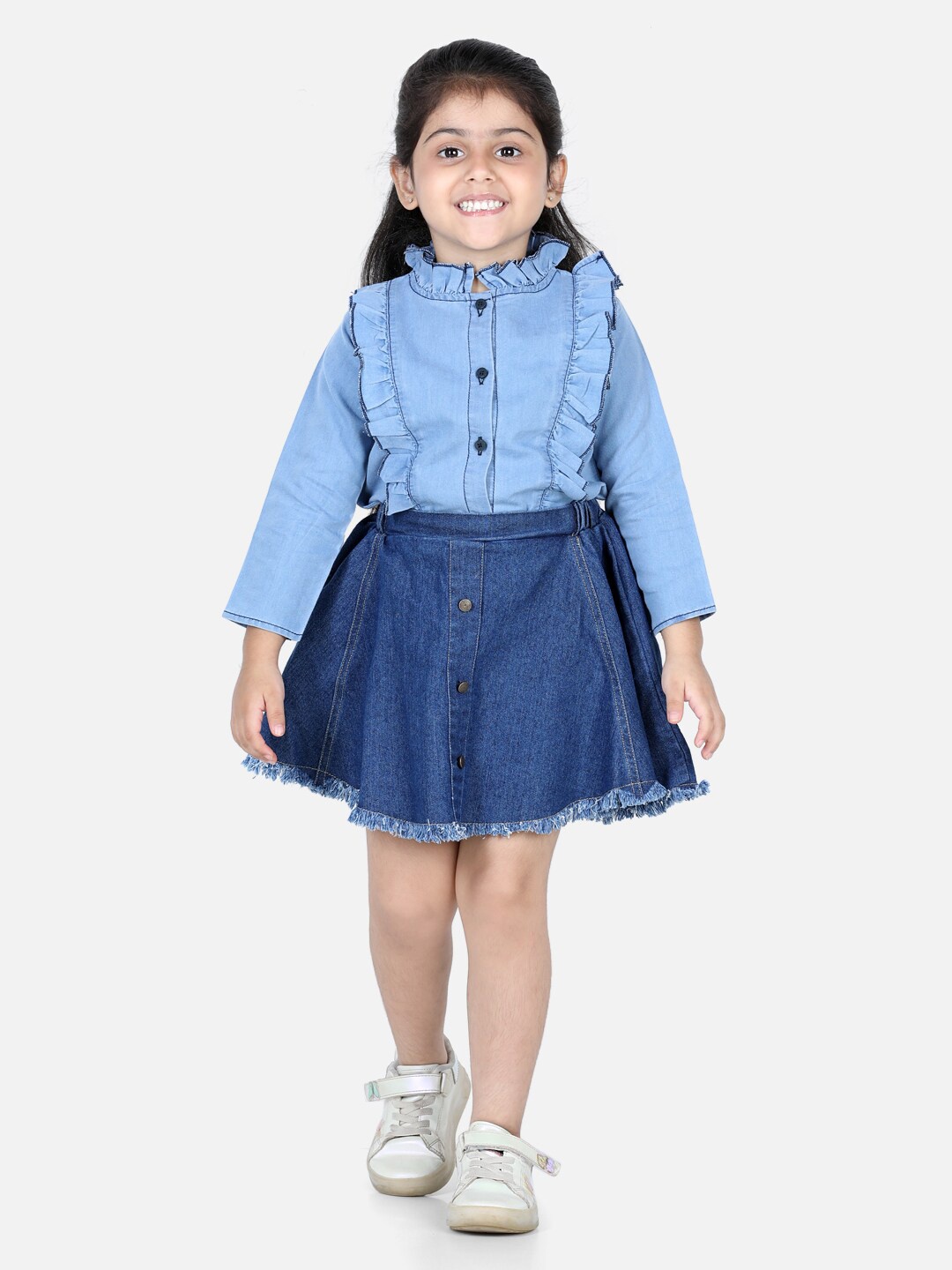 

AWW HUNNIE Blue Denim Ruffle Style Front Open Shirt with Fared Denim Skirt