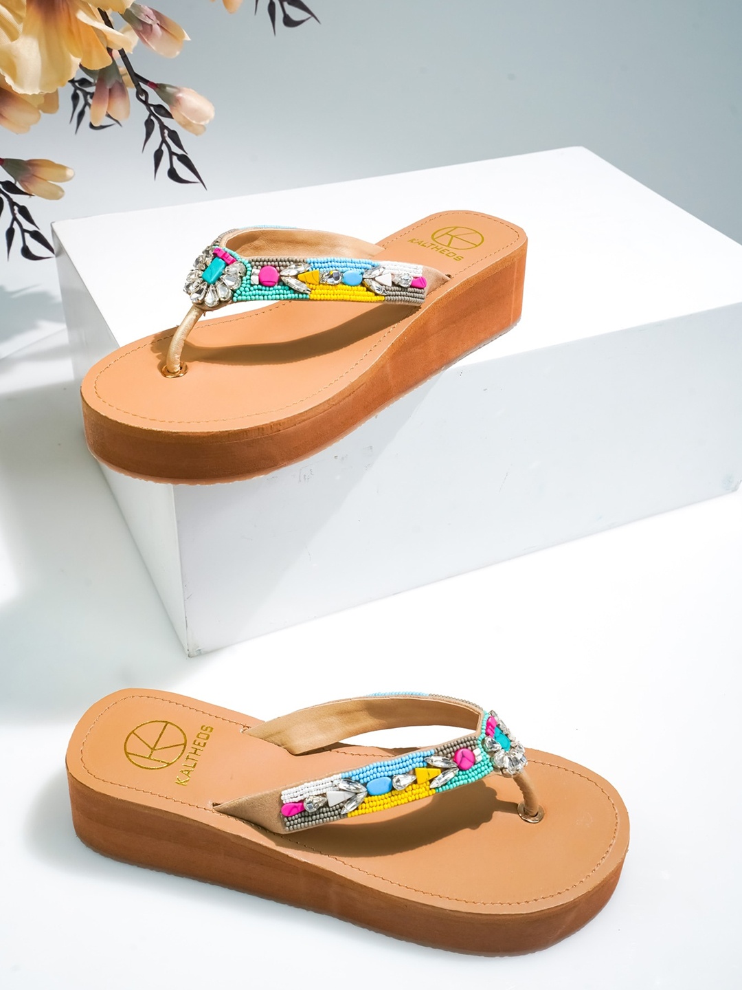 

KALTHEOS Women Tan Embellished Suede Flatform Heels