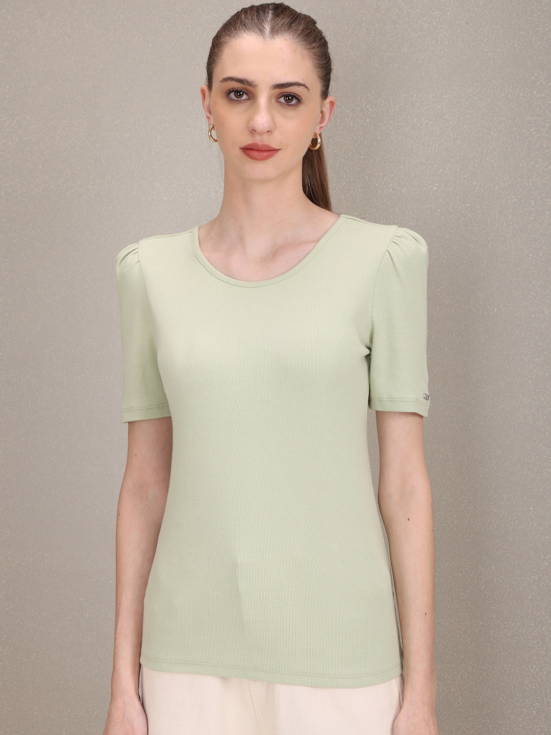 

U S Polo Assn Women Green Solid Short Puff Sleeves T-shirt