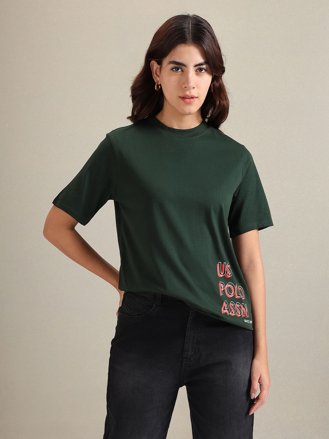 

U S Polo Assn Women Green Drop-Shoulder Sleeves T-shirt