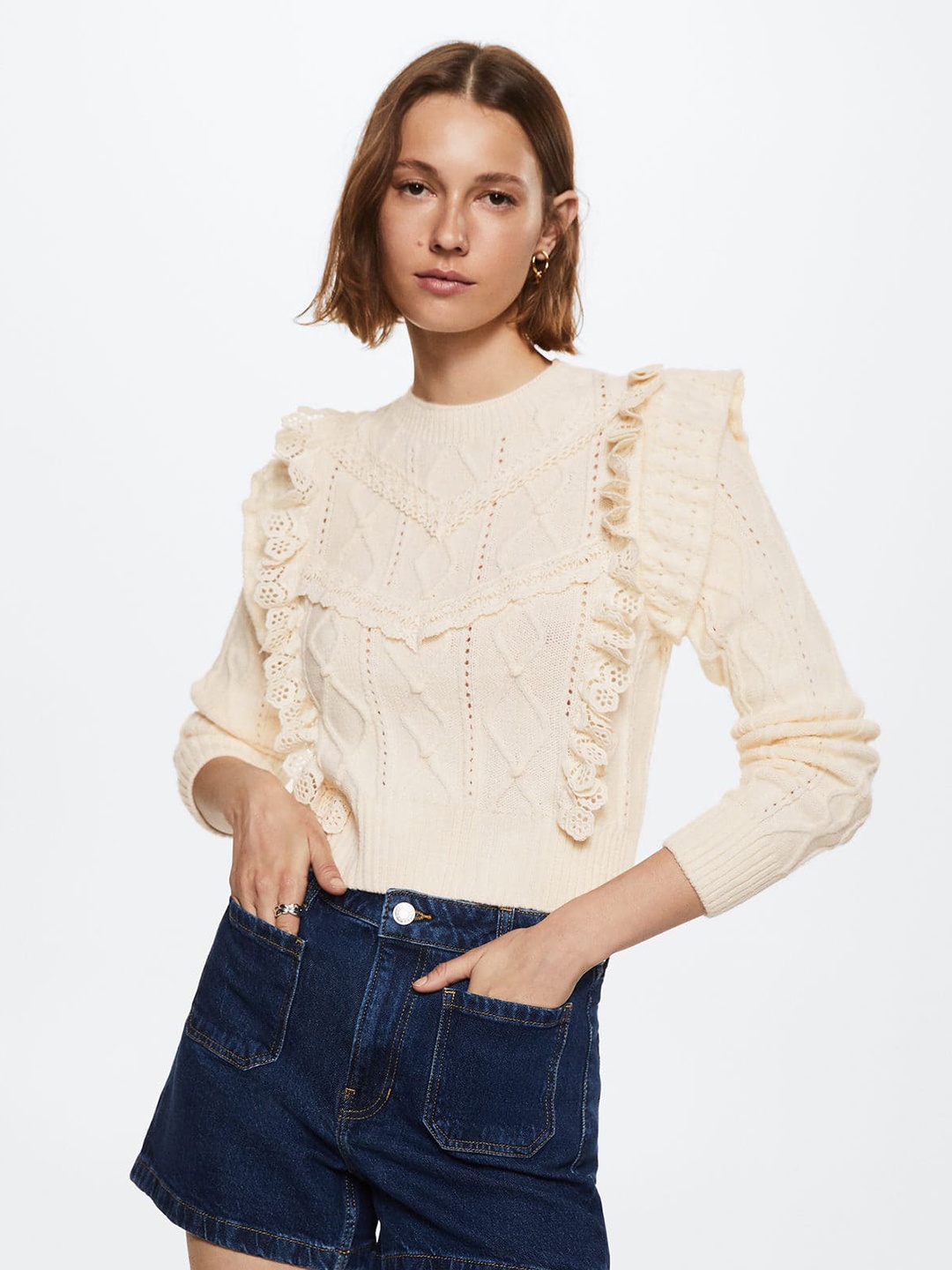 

MANGO Women Off White Frilled Open Knit Cable Knit Pullover