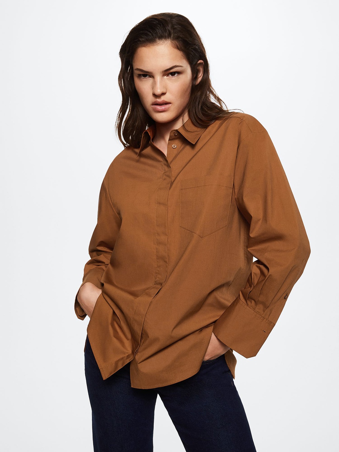 

MANGO Women Brown Sustainable Cotton Oversized Solid Casual Shirt