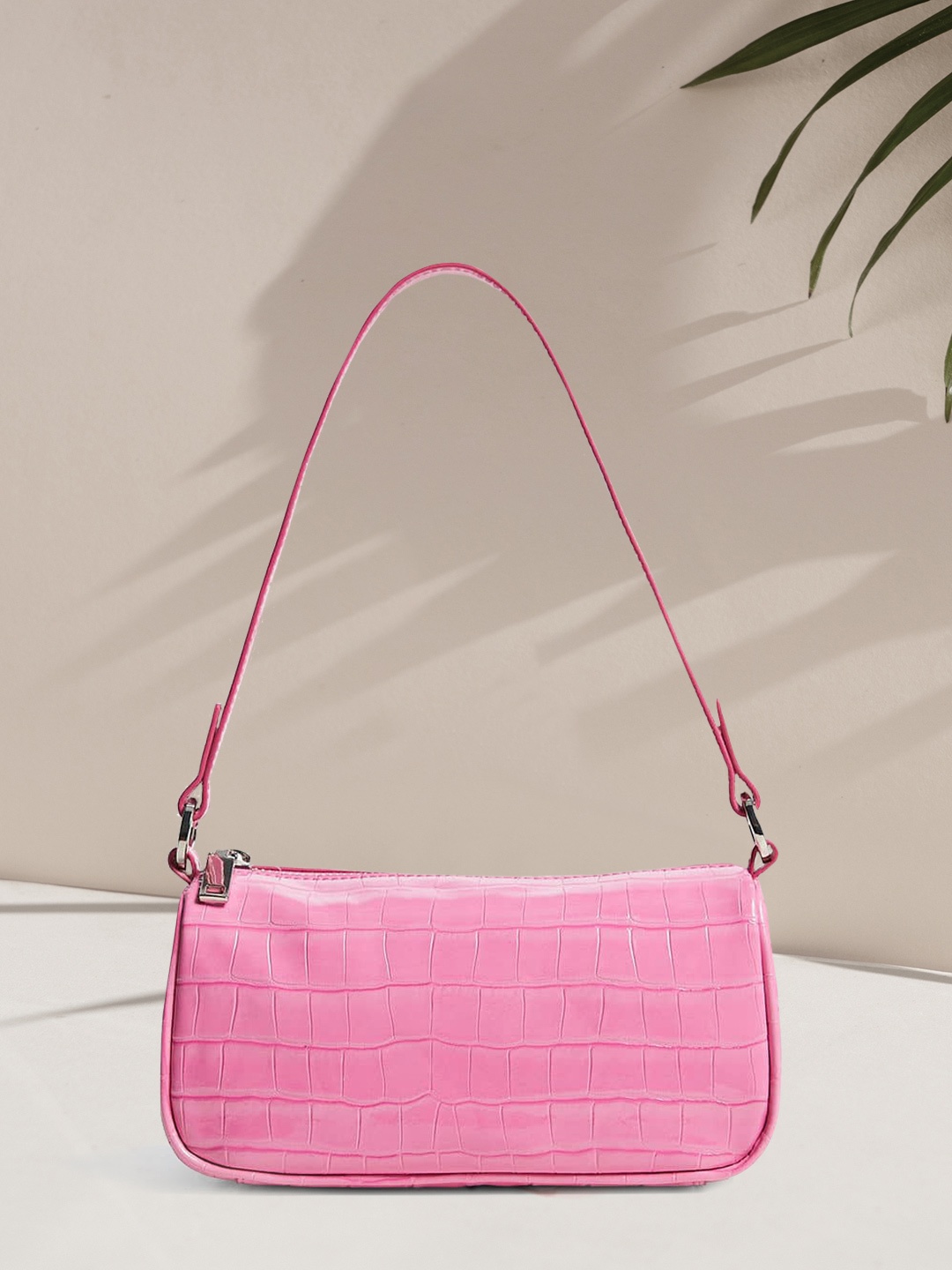 

MANGO Pink Croc Textured Structured Shoulder Bag